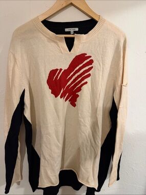 Lisa Todd Cream Crewneck Sweater with Red Heart and Black Panels